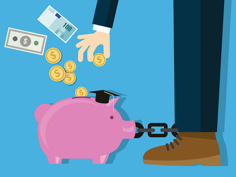 Student Debt Clinics, illustration with piggy bank and shackles on leg